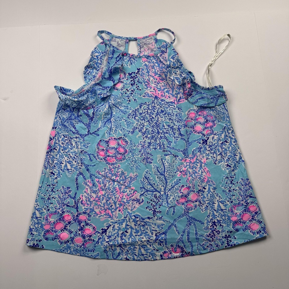 Lilly Pulitzer Dress Womens XS Blue Pink Coral Reef Ruffle Sleeveless Shift